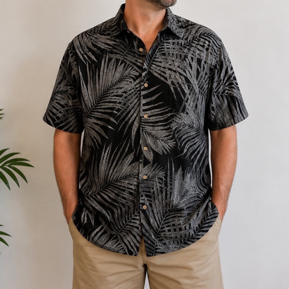 Island Shores Black & Gray Hawaiian Mens Shirt | XL | Tropical Print